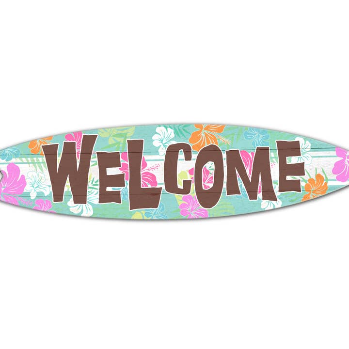 MINI 23" SURF BOARD WALL ACCENT WELCOME HIBISCUS TEAL