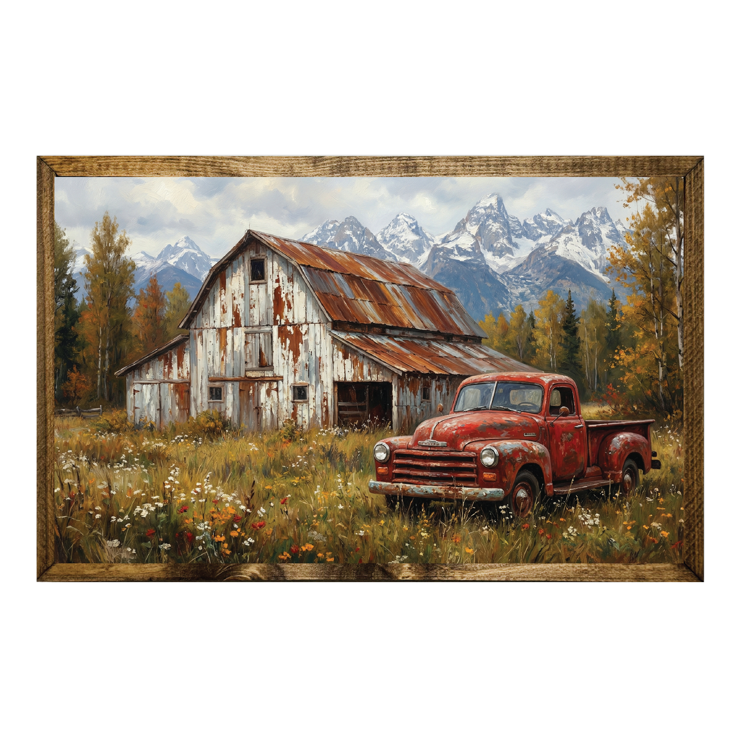 TIMBERLAND FRAME RUSTED BARN RED TRUCK MOUNTAINSIDE