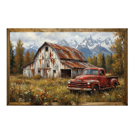 TIMBERLAND FRAME RUSTED BARN RED TRUCK MOUNTAINSIDE