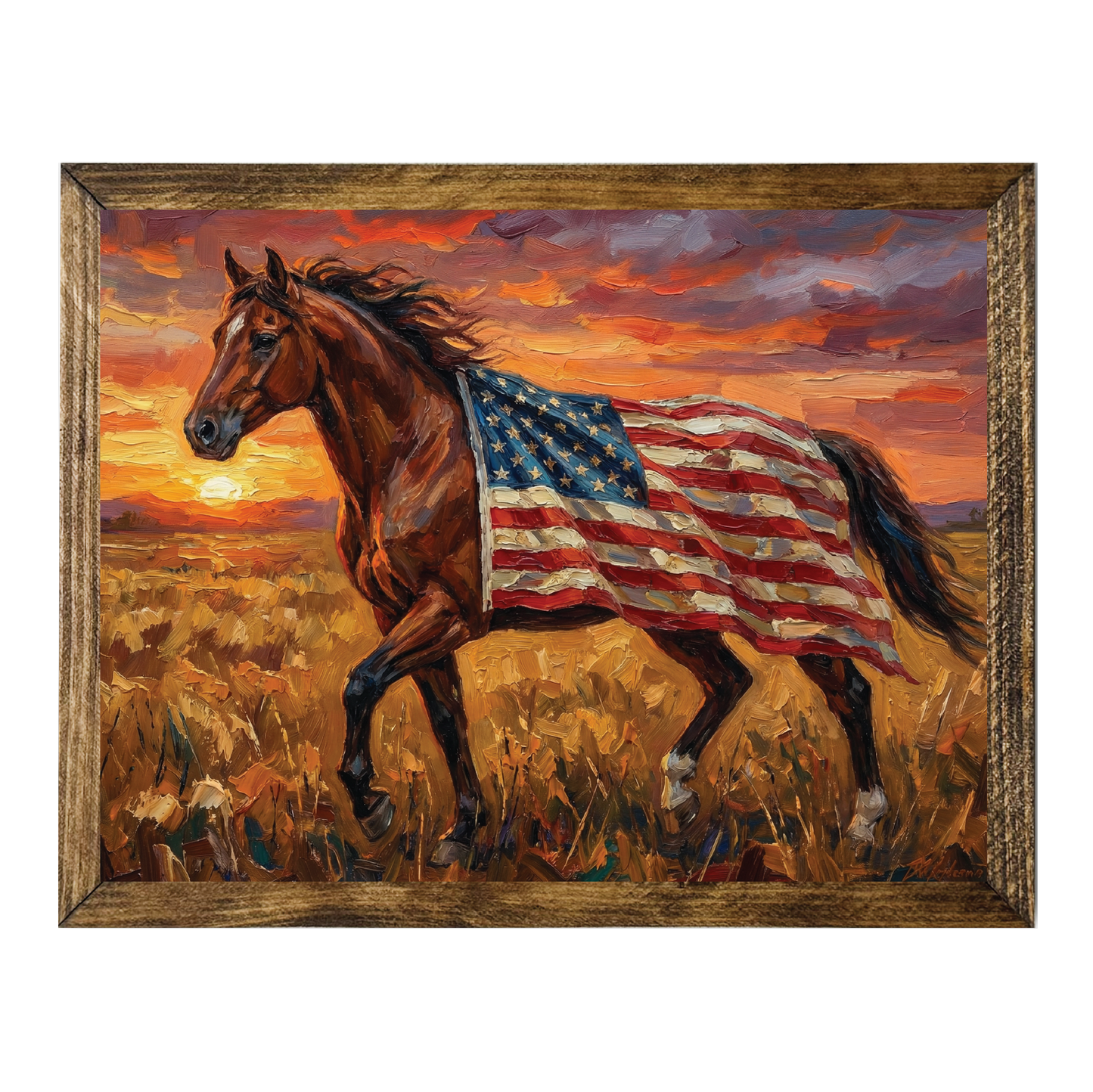 TIMBERLAND FRAME HORSE FLAG SUNSET PAINTING