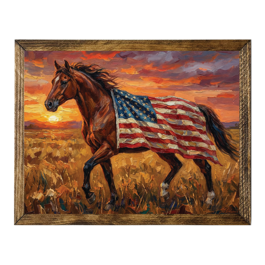 TIMBERLAND FRAME HORSE FLAG SUNSET PAINTING