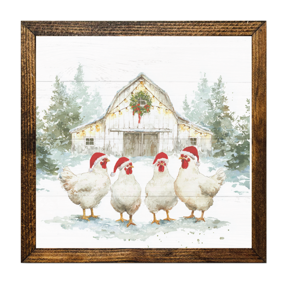 TIMBERLAND FRAME CHRISTMAS CHICKENS AND SNOWY BARN