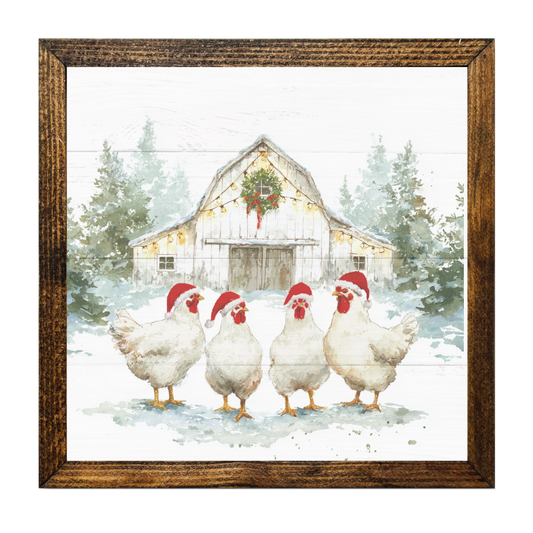 TIMBERLAND FRAME CHRISTMAS CHICKENS AND SNOWY BARN