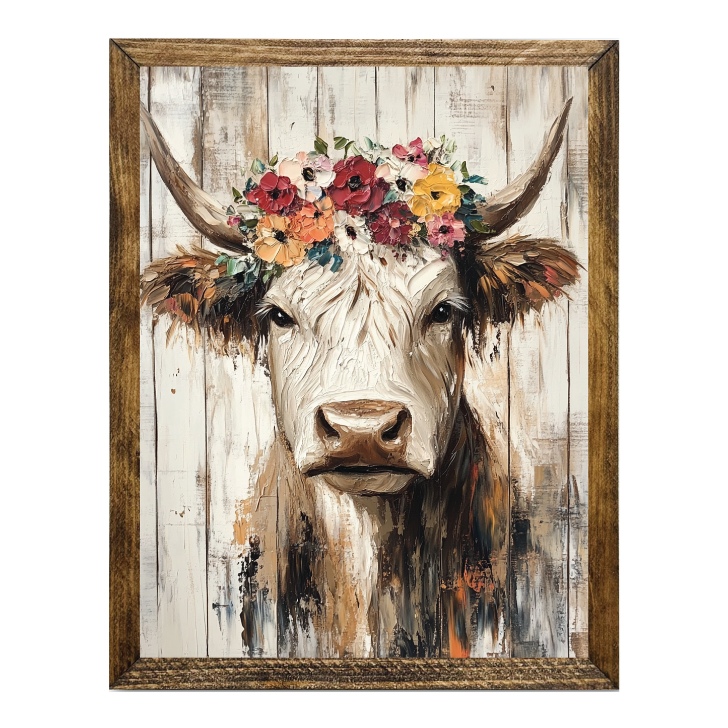 TIMBERLAND FRAME HIGHLAND COW WITH COLORFUL FLOWER