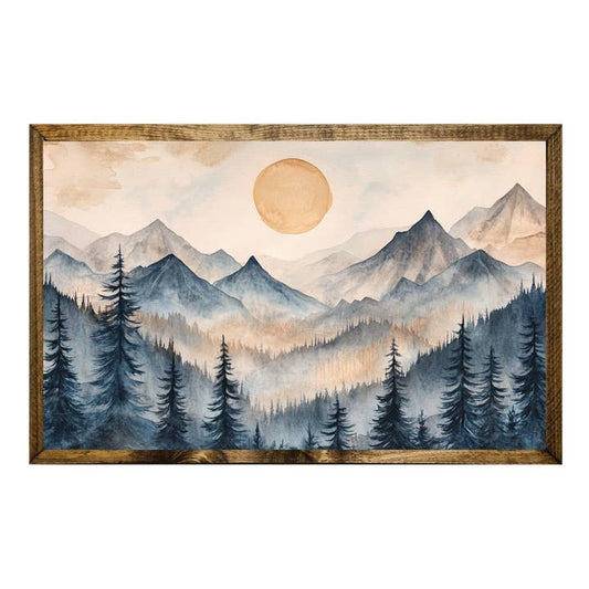 TIMBERLAND FRAME SUNRISE OVER MOUNTAINS–WATERCOLOR FOREST