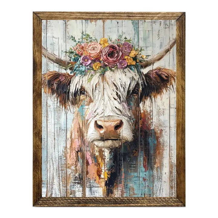 TIMBERLAND FRAME HIGHLAND COW WITH BRIGHT FLORAL CROWN