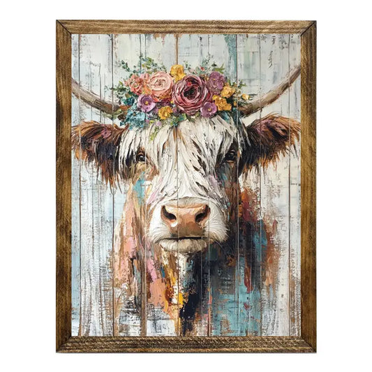 TIMBERLAND FRAME HIGHLAND COW WITH BRIGHT FLORAL CROWN