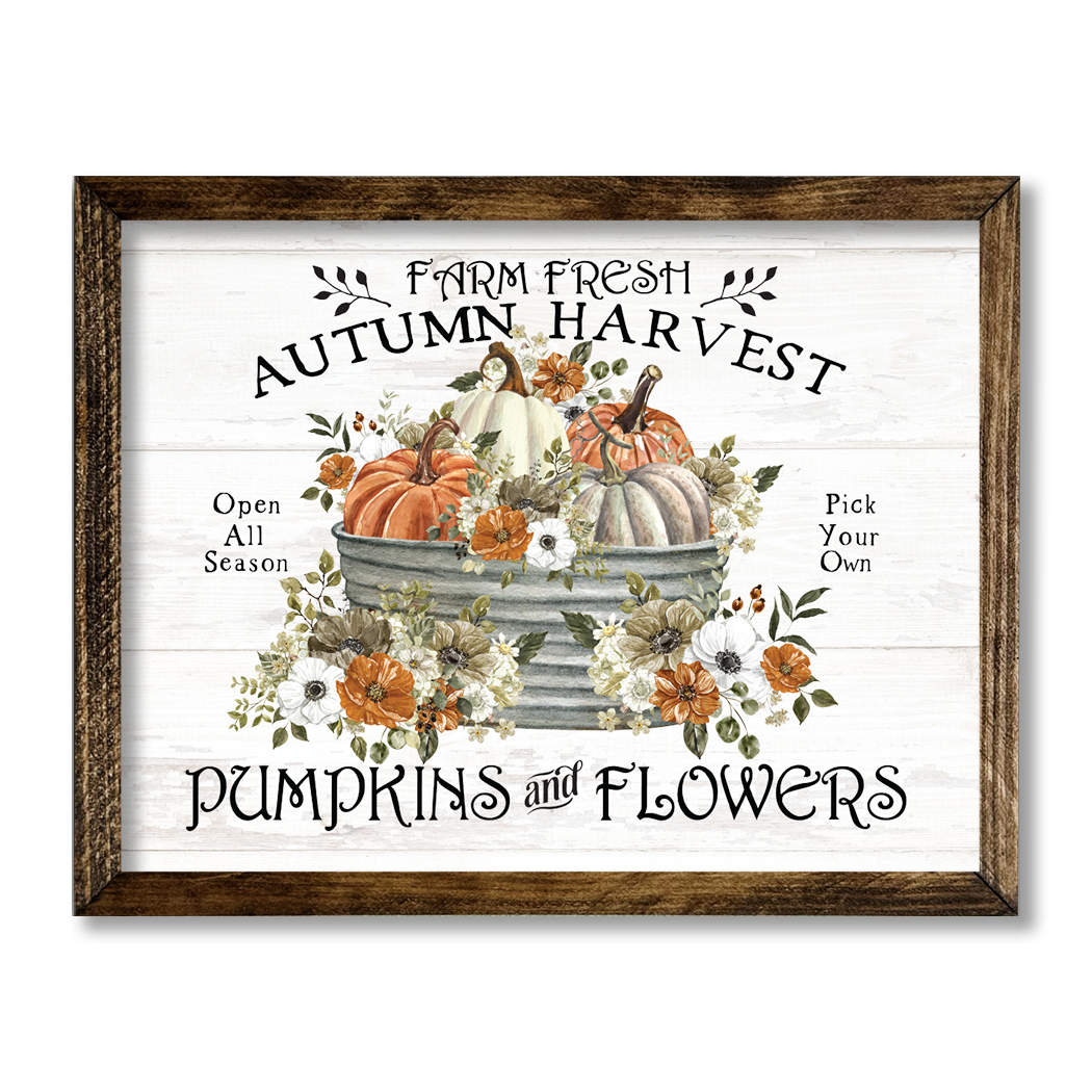 TIMBERLAND FRAME AUTUMN HARVEST PUMPKINS AND FLOWERS