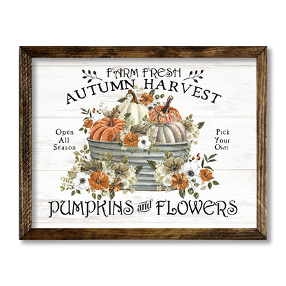 TIMBERLAND FRAME AUTUMN HARVEST PUMPKINS AND FLOWERS