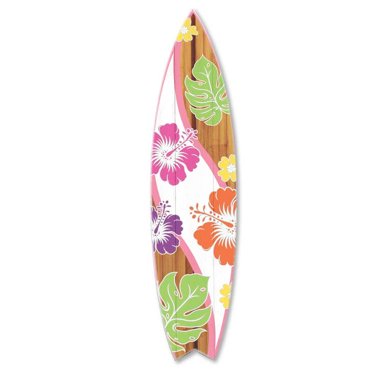 MINI 23" SURF BOARD WALL ACCENT WH WOOD HIBISCUS COLORFUL