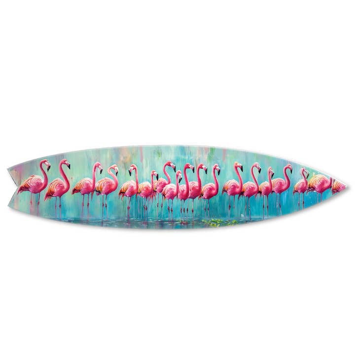 MINI 23" SURF BOARD WALL ACCENT TEAL PINK FLAMINGO ART