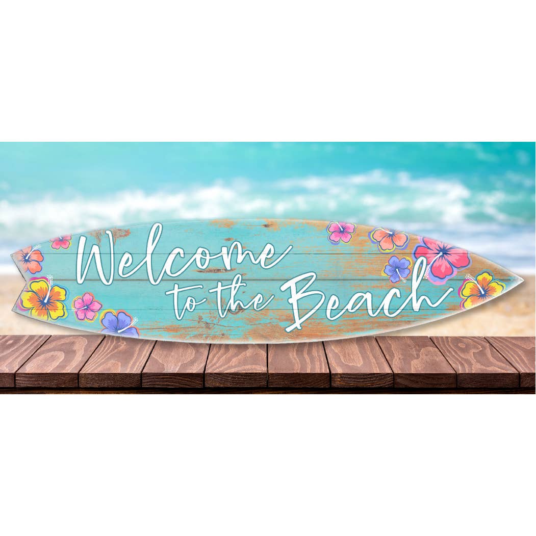 SURF BOARD WALL ACCENT WELCOME TO THE BEACH TEAL HIBISCUS