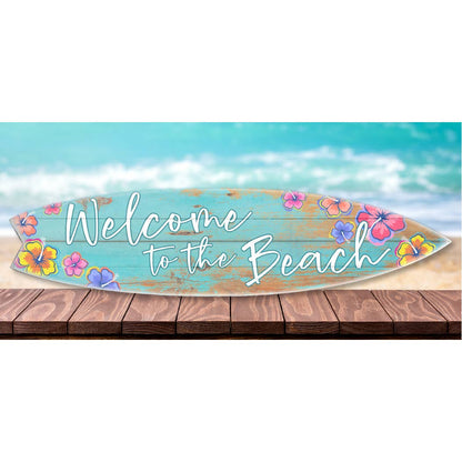 SURF BOARD WALL ACCENT WELCOME TO THE BEACH TEAL HIBISCUS