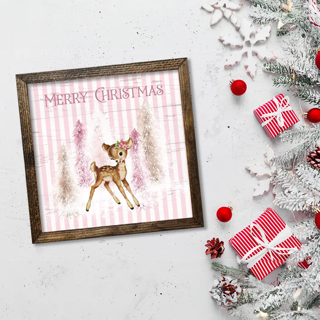 TIMBERLAND FRAME MERRY CHRISTMAS PINK STRIPED REINDEER