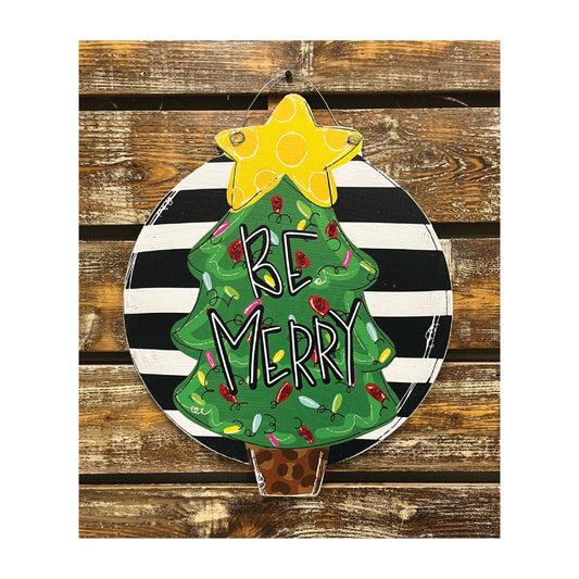 Holiday Door Hanger Be Merry Christmas Tree Black and White Stripes