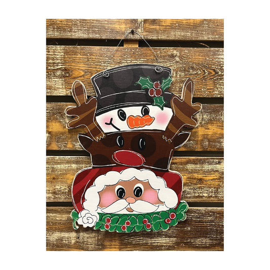 Holiday Door Hanger Stacked Santa Reindeer Snowman Squishy Faces