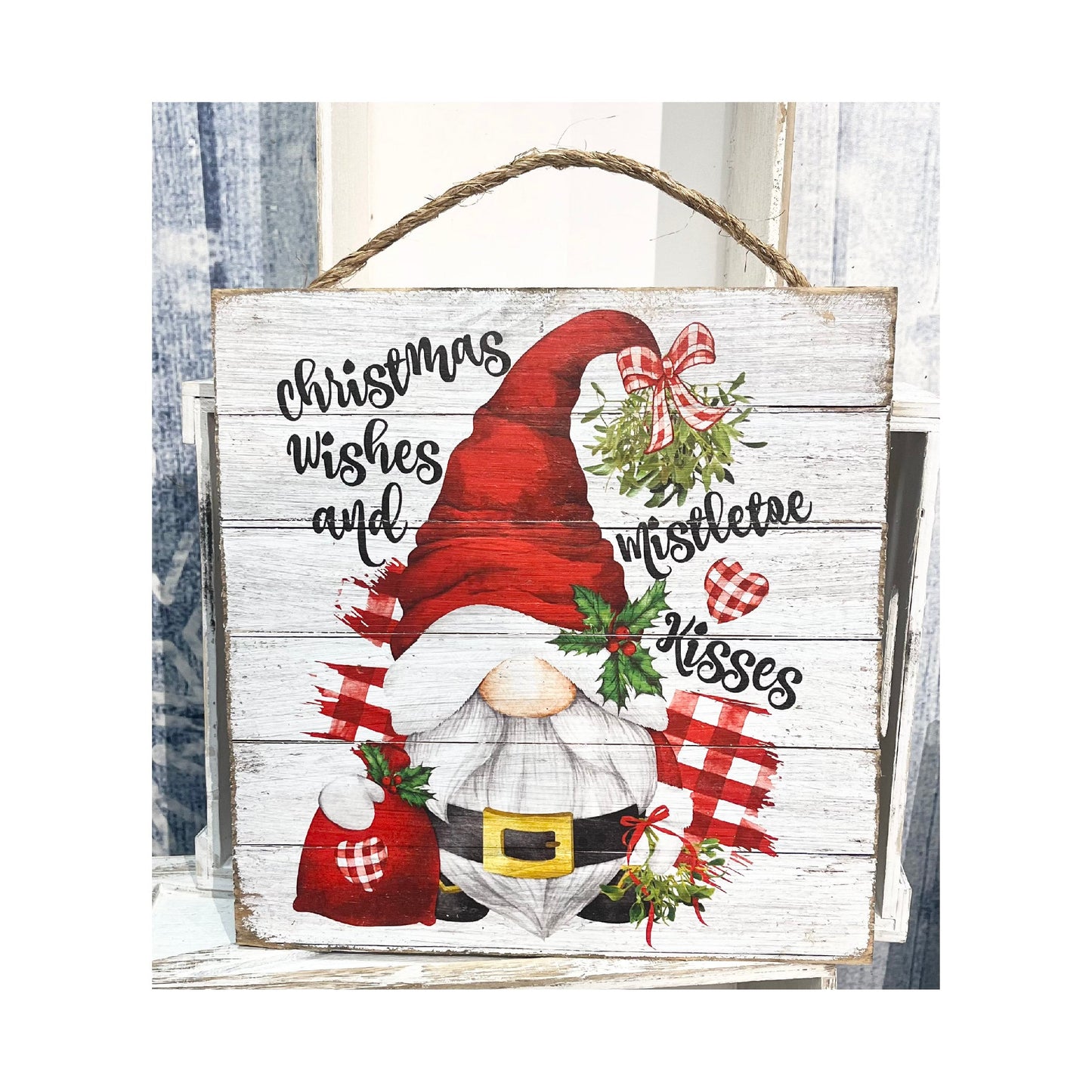Christmas Wishes Mistletoe Kisses Red Santa Gnome