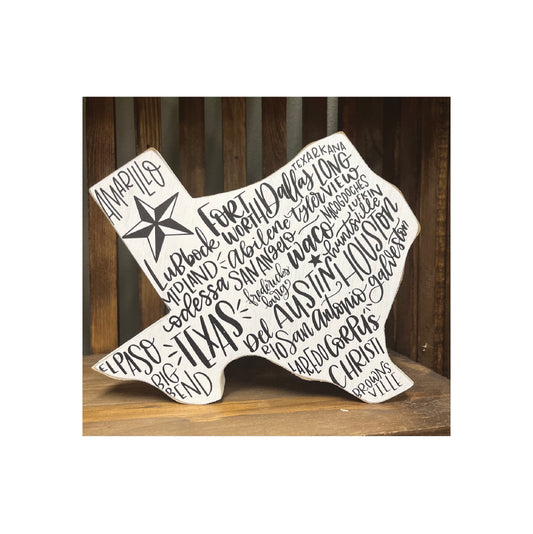 Block Sitter Sign Shape of Texas with Cities