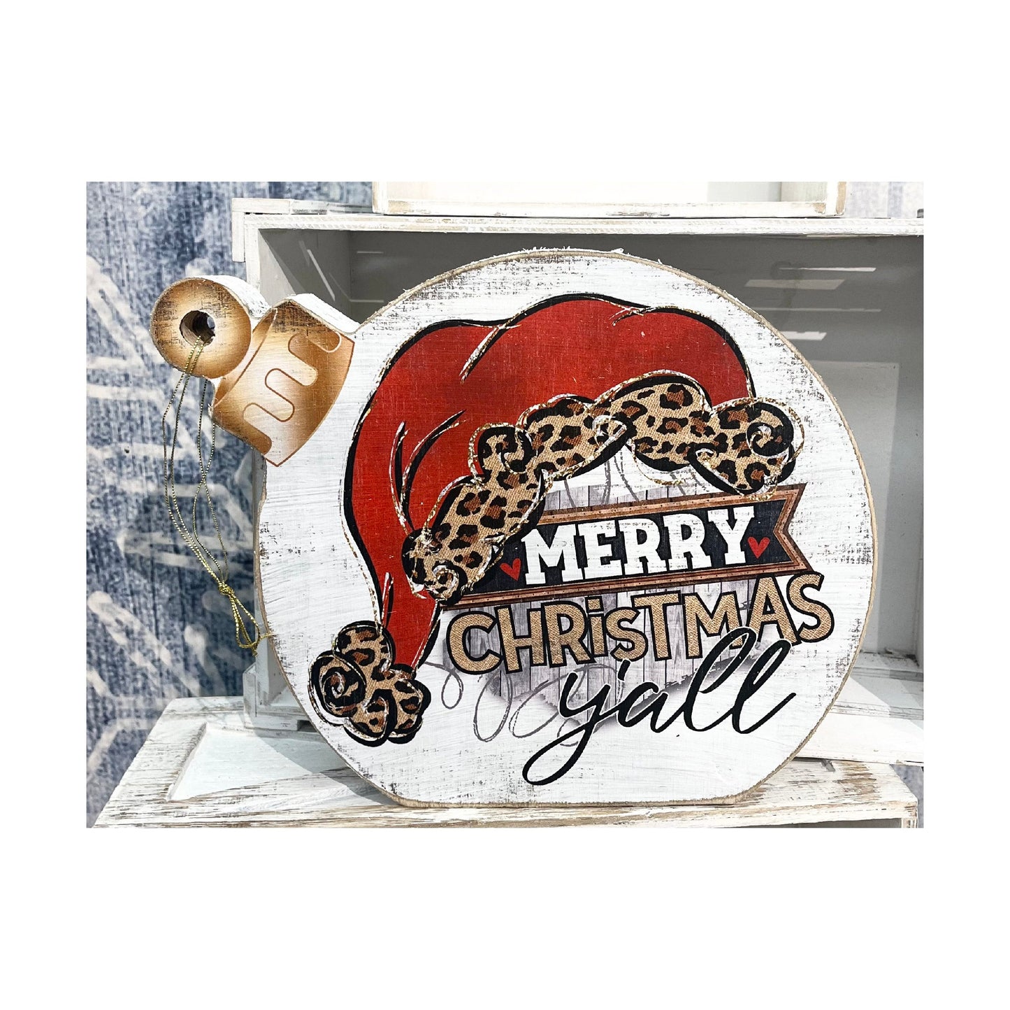 Merry Christmas Y'all Santa Hat Ornament Shelf Sitter